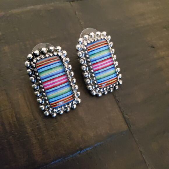 Western Rectangle Burnished Silver Stud Earrings Colorful Stripe - Picture 6 of 9